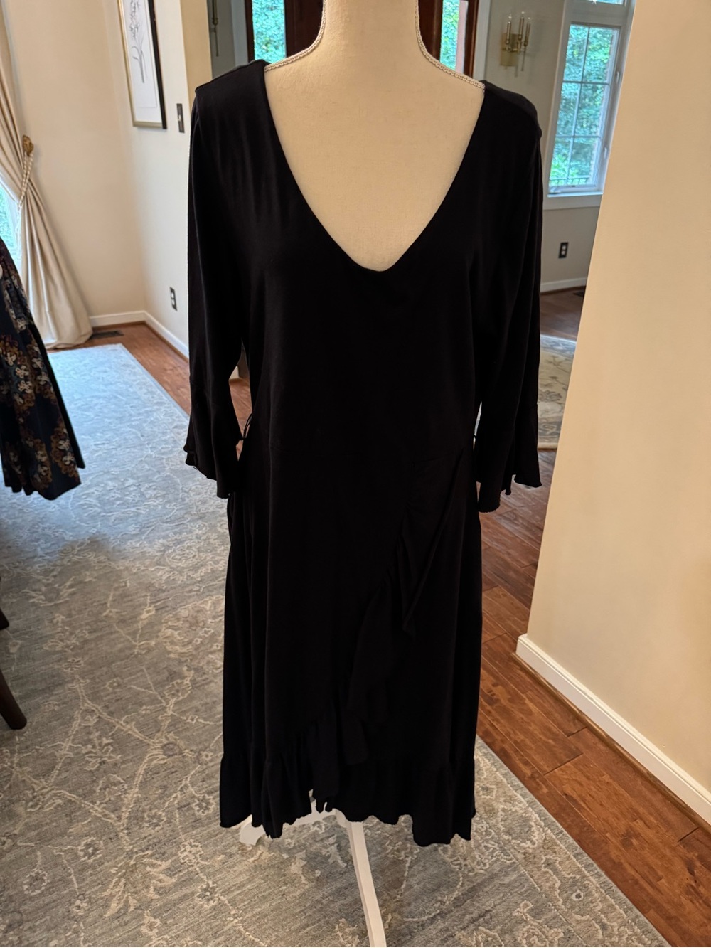 Soft Surroundings High Low Faux Cotton Wrap Dress. V-Neck Ruffle. 3/4 Sleeves.